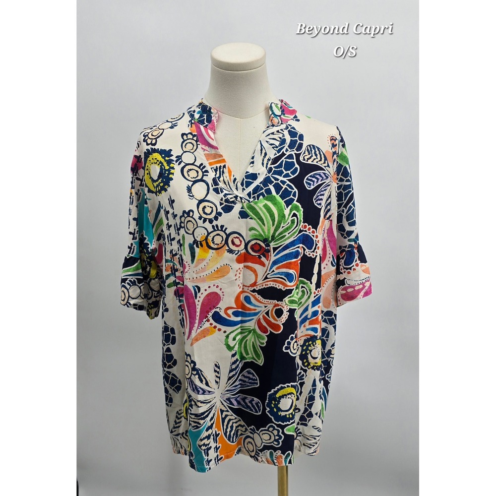 Beyond Capri Italy Floral Blouse One Size Multicolor Viscose Resort Coastal